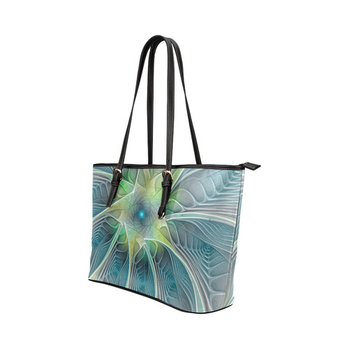 Floral Fantasy Abstract Blue Green Fractal Flower Leather Tote Bag/Small (Model 1651)