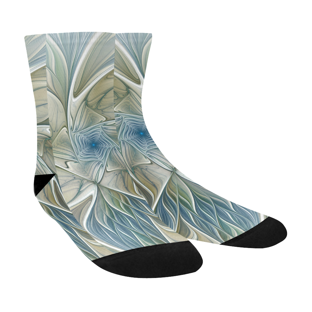 Floral Fantasy Pattern Abstract Blue Khaki Fractal Crew Socks