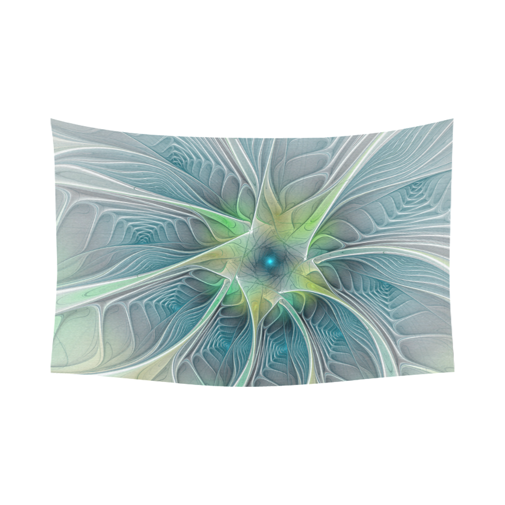 Floral Fantasy Abstract Blue Green Fractal Flower Cotton Linen Wall Tapestry 90"x 60"