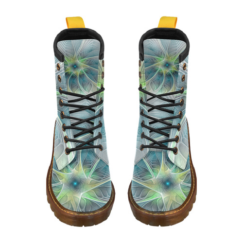 Floral Fantasy Abstract Blue Green Fractal Flower High Grade PU Leather Martin Boots For Women Model 402H