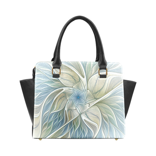 Floral Fantasy Pattern Abstract Blue Khaki Fractal Rivet Shoulder Handbag (Model 1645)