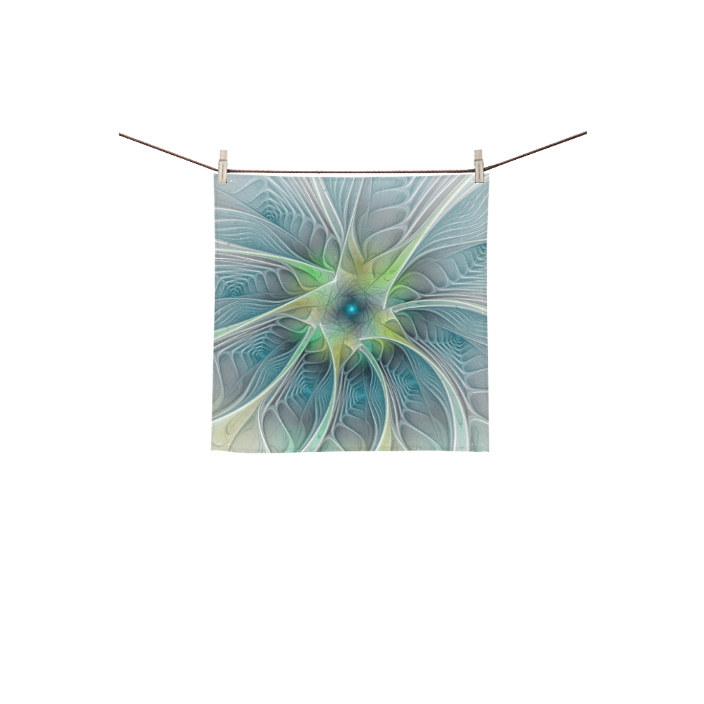 Floral Fantasy Abstract Blue Green Fractal Flower Square Towel 13“x13”