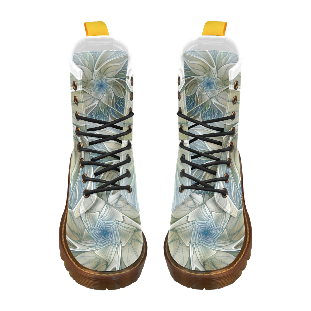 Floral Fantasy Pattern Abstract Blue Khaki Fractal High Grade PU Leather Martin Boots For Women Model 402H