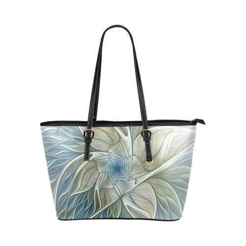 Floral Fantasy Pattern Abstract Blue Khaki Fractal Leather Tote Bag/Small (Model 1651)