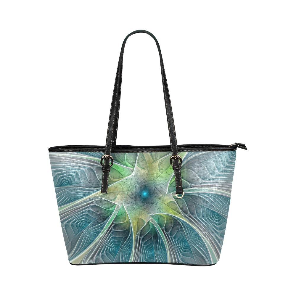 Floral Fantasy Abstract Blue Green Fractal Flower Leather Tote Bag/Small (Model 1651)