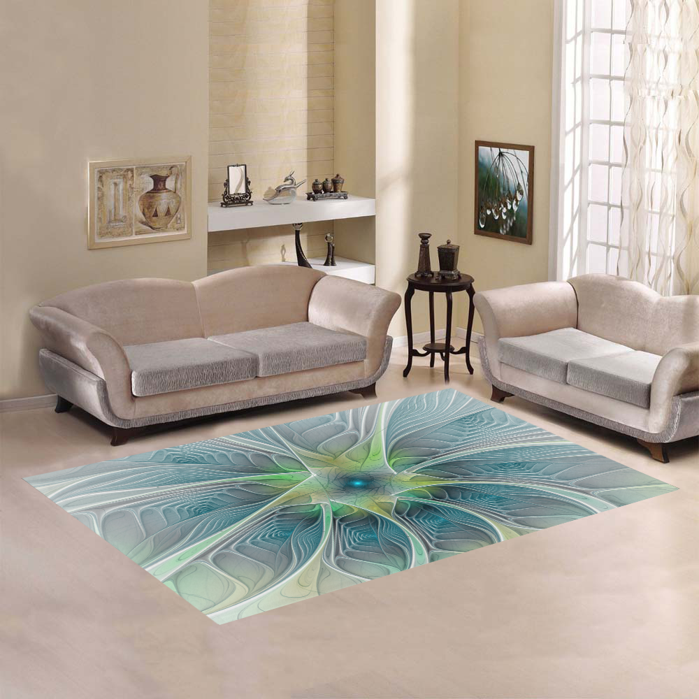 Floral Fantasy Abstract Blue Green Fractal Flower Area Rug7'x5'