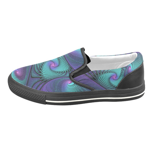 Purple meets Turquoise modern abstract Fractal Art Slip-on Canvas Shoes for Kid (Model 019)