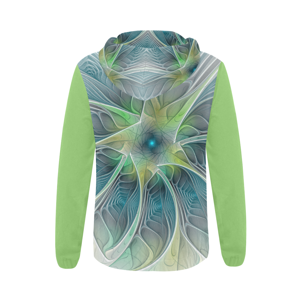 Floral Fantasy Abstract Blue Green Fractal Flower All Over Print Full Zip Hoodie for Women (Model H14)