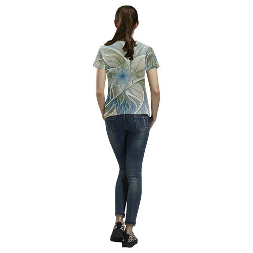Floral Fantasy Pattern Abstract Blue Khaki Fractal All Over Print T-Shirt for Women (USA Size) (Model T40)