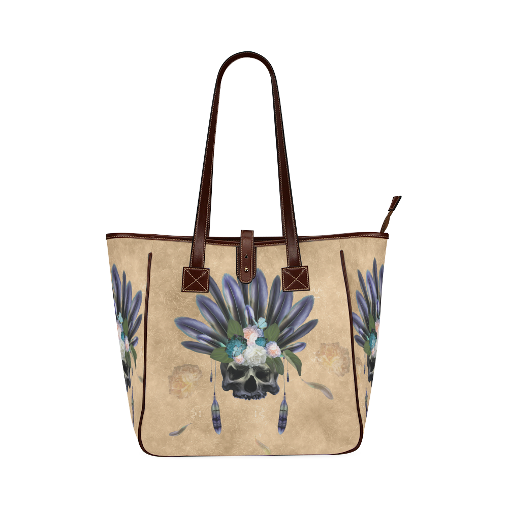 Cool skull with feathers and flowers Classic Tote Bag (Model 1644)