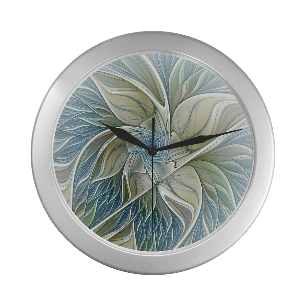 Floral Fantasy Pattern Abstract Blue Khaki Fractal Silver Color Wall Clock