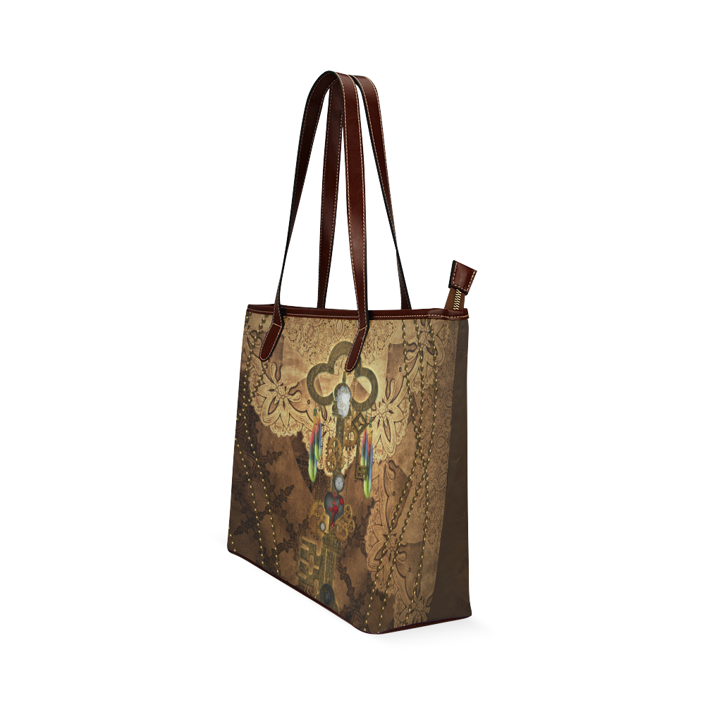 Steampunk, key with clocks, gears and feathers Shoulder Tote Bag (Model 1646)