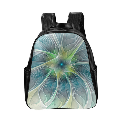 Floral Fantasy Abstract Blue Green Fractal Flower Multi-Pockets Backpack (Model 1636)
