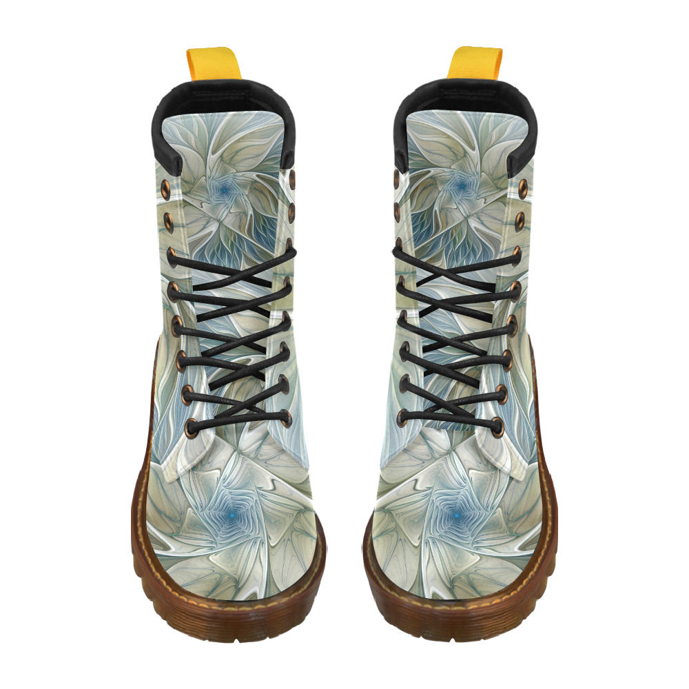 Floral Fantasy Pattern Abstract Blue Khaki Fractal High Grade PU Leather Martin Boots For Women Model 402H