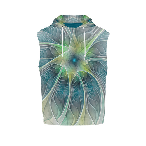 Floral Fantasy Abstract Blue Green Fractal Flower All Over Print Sleeveless Hoodie for Women (Model H15)