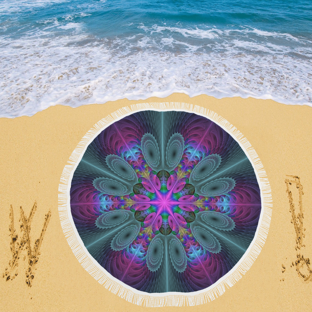 Mandala From Center Colorful Fractal Art With Pink Circular Beach Shawl 59"x 59"