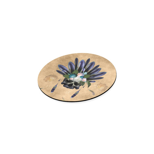 Cool skull with feathers and flowers Round Coaster