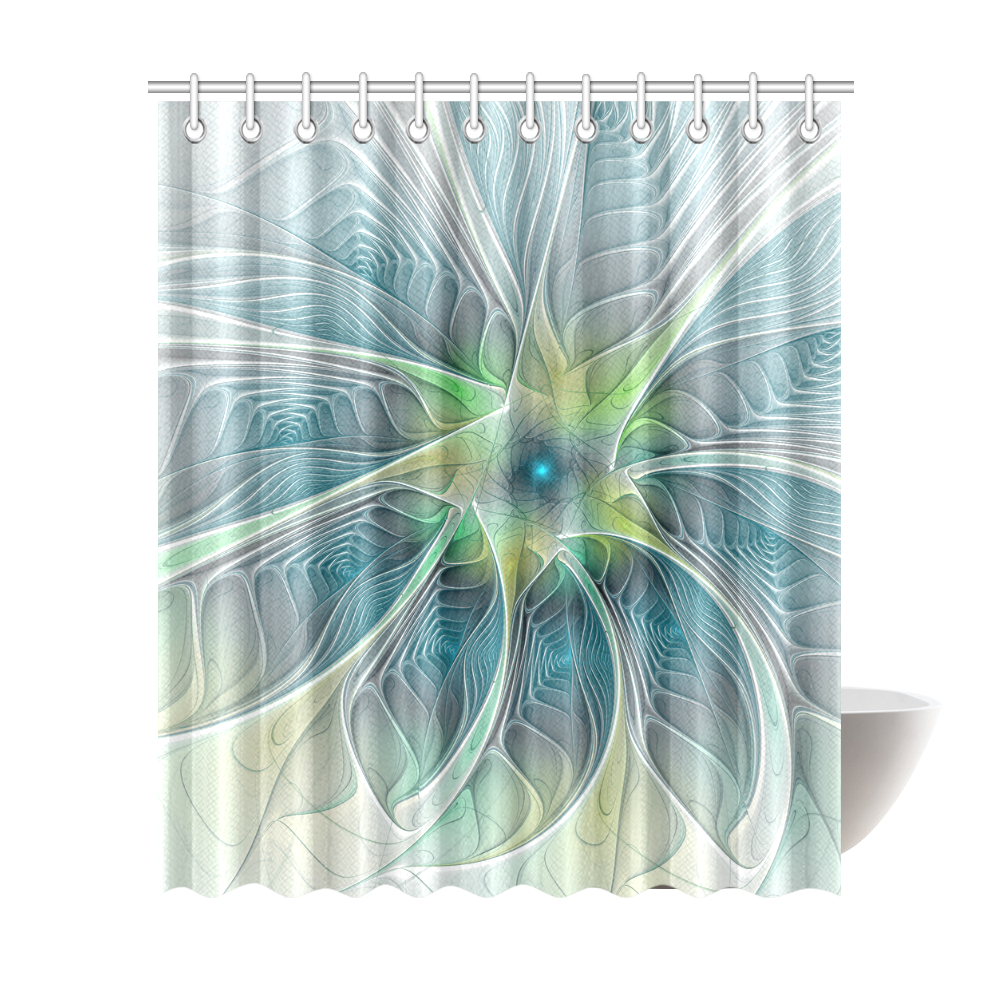 Floral Fantasy Abstract Blue Green Fractal Flower Shower Curtain 72"x84"