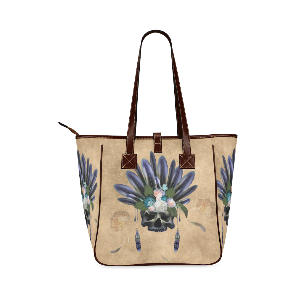 Cool skull with feathers and flowers Classic Tote Bag (Model 1644)
