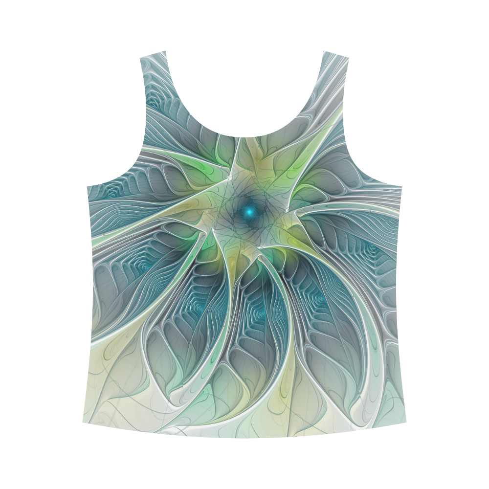 Floral Fantasy Abstract Blue Green Fractal Flower All Over Print Tank Top for Women (Model T43)