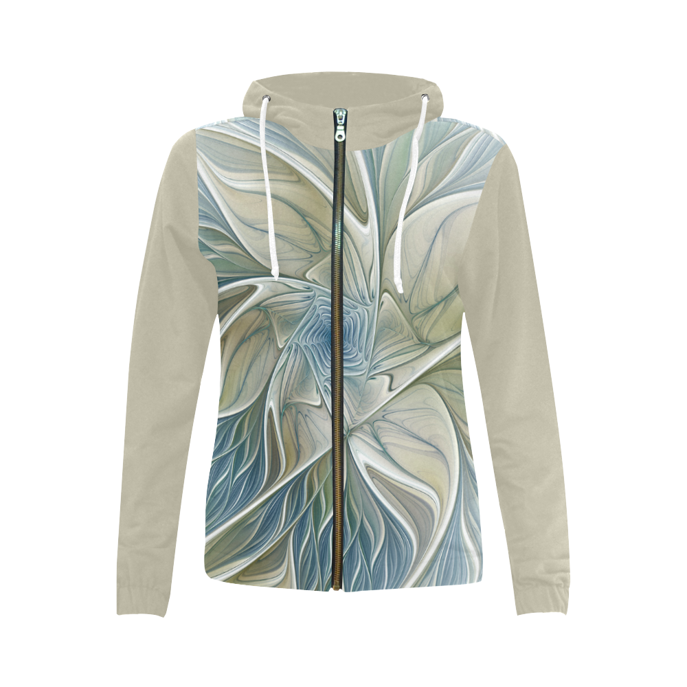 Floral Fantasy Pattern Abstract Blue Khaki Fractal All Over Print Full Zip Hoodie for Women (Model H14)