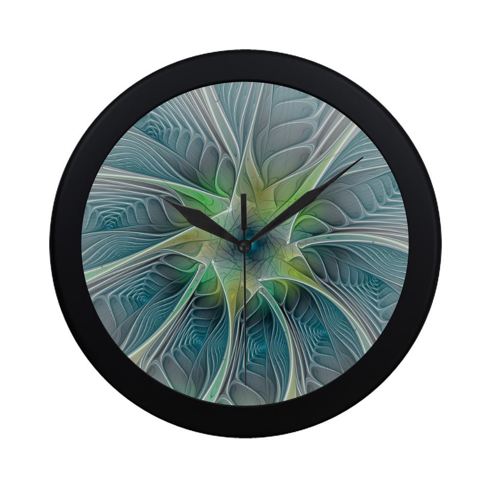 Floral Fantasy Abstract Blue Green Fractal Flower Circular Plastic Wall clock