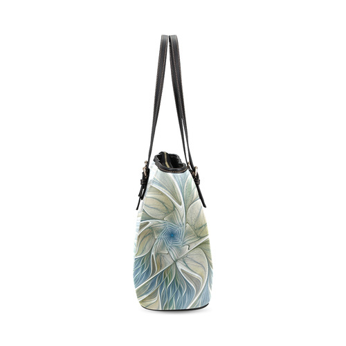 Floral Fantasy Pattern Abstract Blue Khaki Fractal Leather Tote Bag/Small (Model 1640)