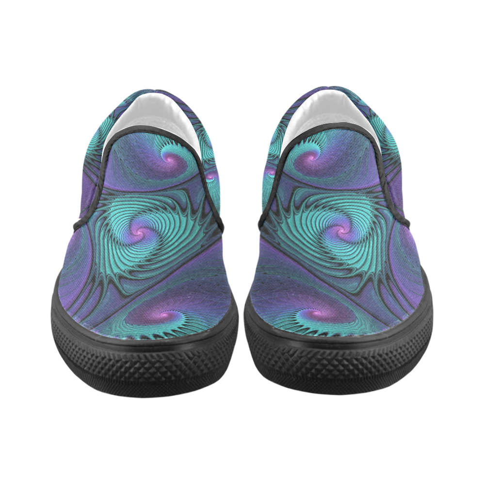Purple meets Turquoise modern abstract Fractal Art Slip-on Canvas Shoes for Kid (Model 019)