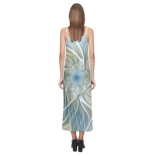 Floral Fantasy Pattern Abstract Blue Khaki Fractal V-Neck Open Fork Long Dress(Model D18)