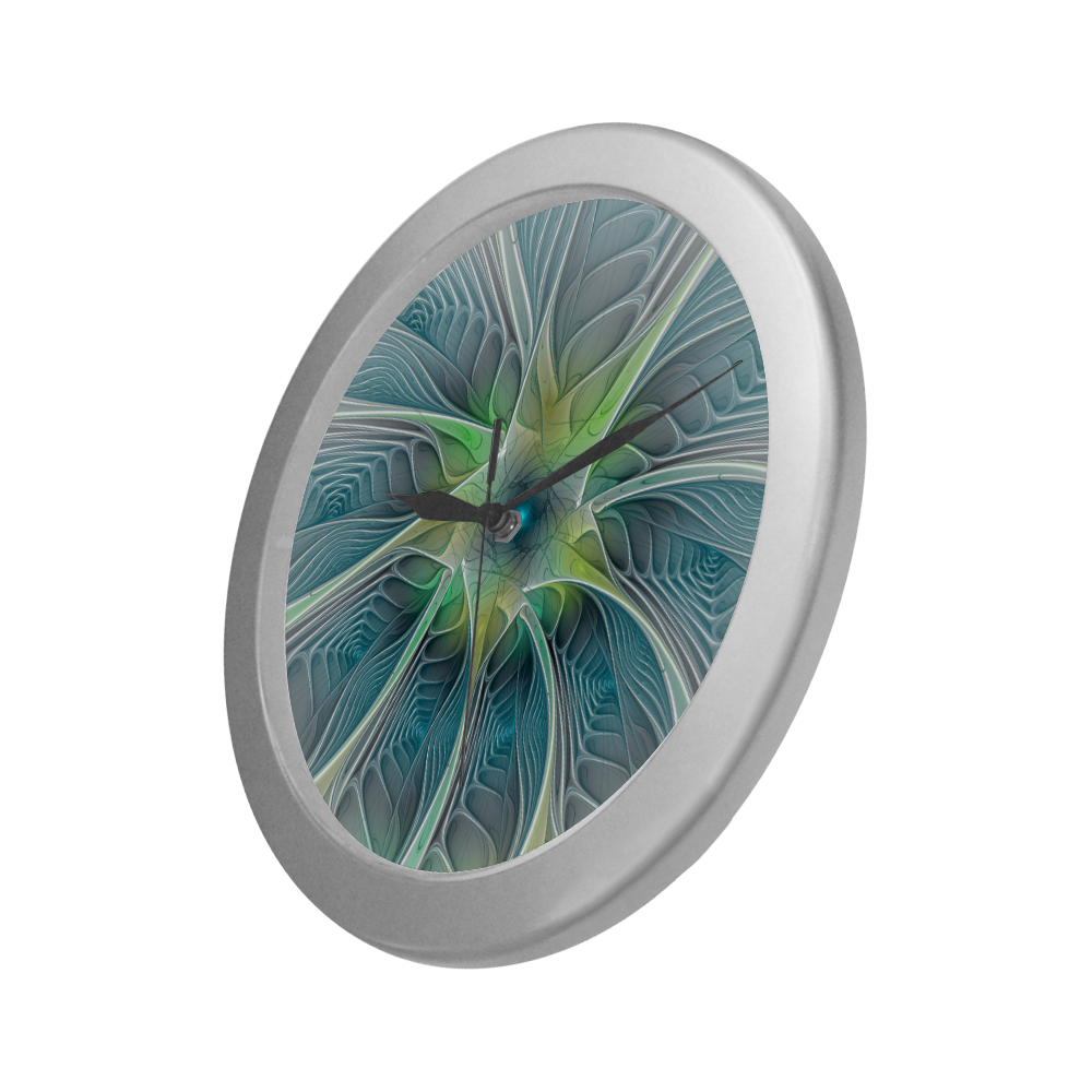 Floral Fantasy Abstract Blue Green Fractal Flower Silver Color Wall Clock