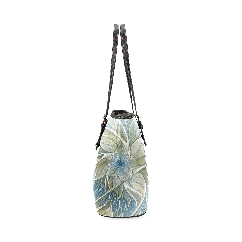 Floral Fantasy Pattern Abstract Blue Khaki Fractal Leather Tote Bag/Small (Model 1640)