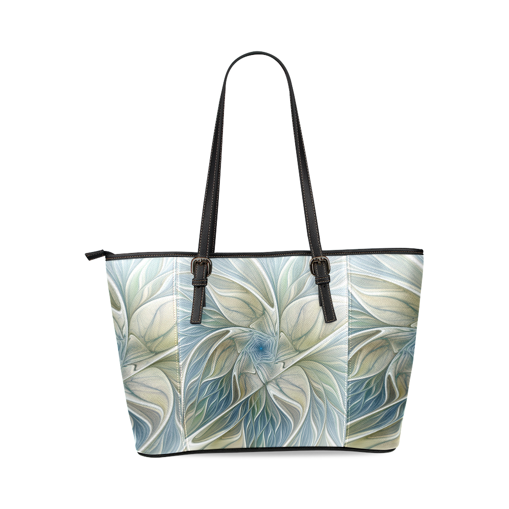 Floral Fantasy Pattern Abstract Blue Khaki Fractal Leather Tote Bag/Small (Model 1640)