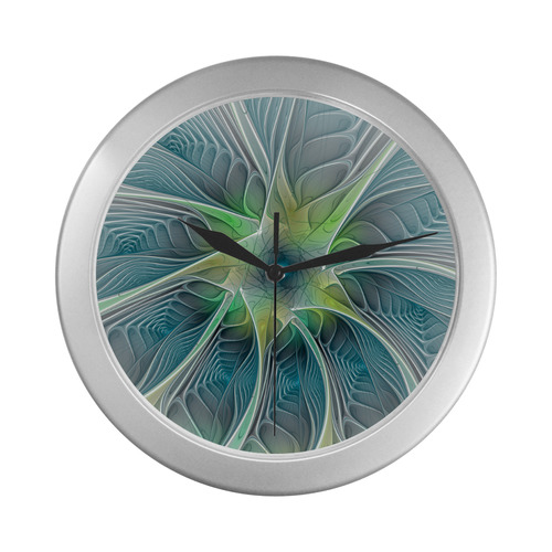 Floral Fantasy Abstract Blue Green Fractal Flower Silver Color Wall Clock
