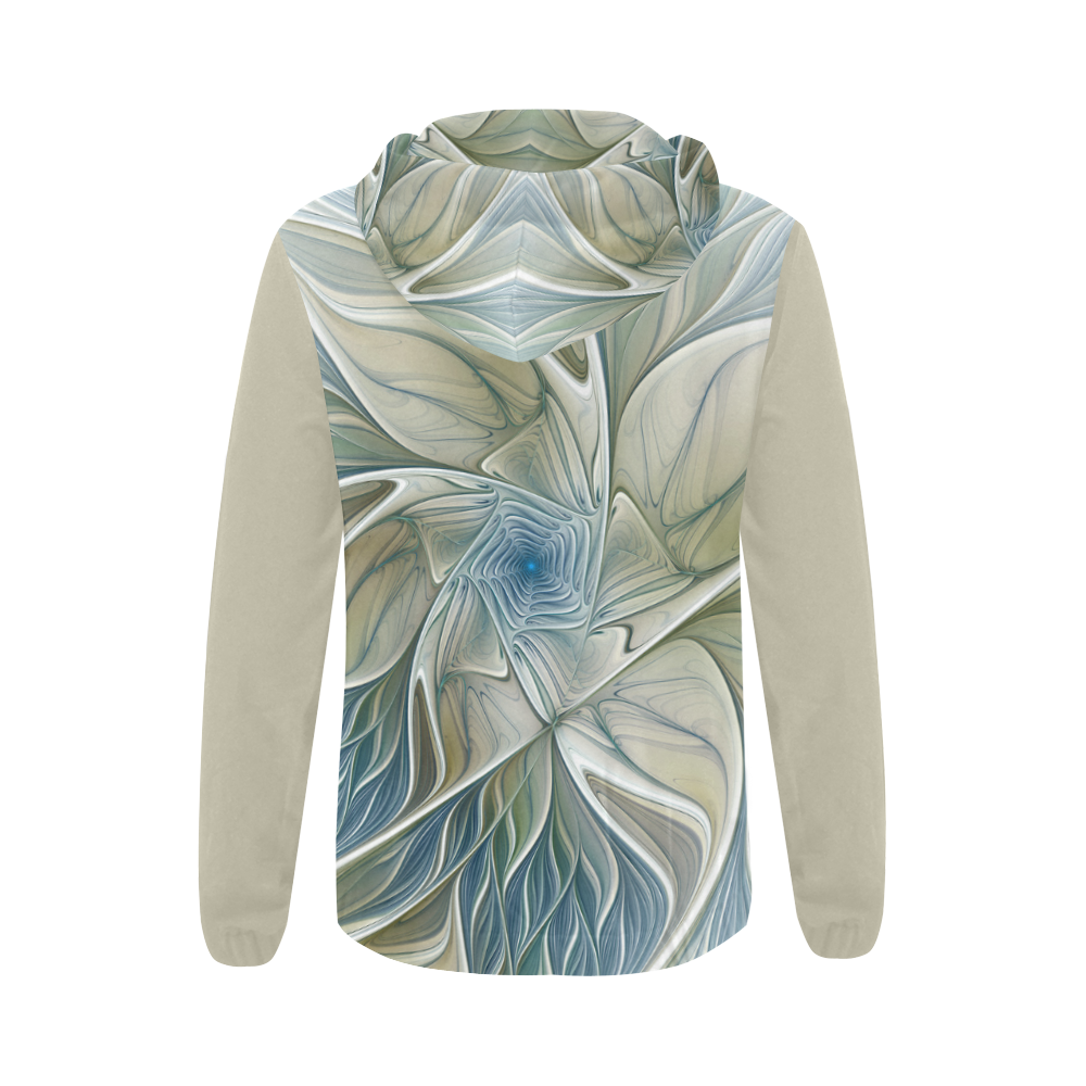 Floral Fantasy Pattern Abstract Blue Khaki Fractal All Over Print Full Zip Hoodie for Women (Model H14)