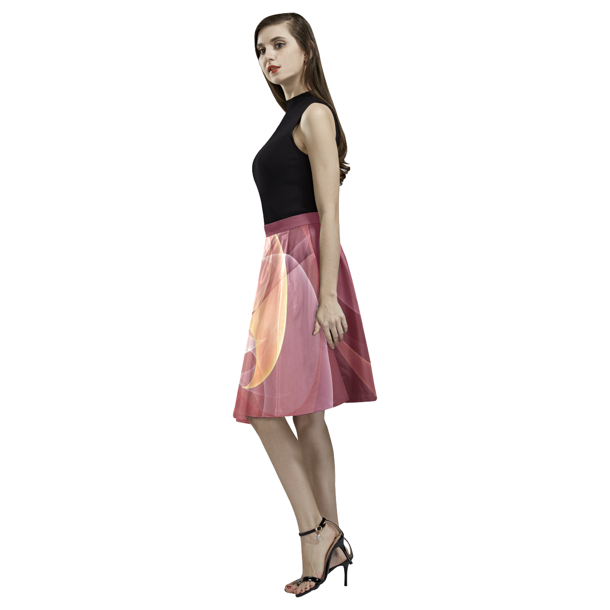 Movement Abstract Modern Wine Red Pink Fractal Art Melete Pleated Midi Skirt (Model D15)