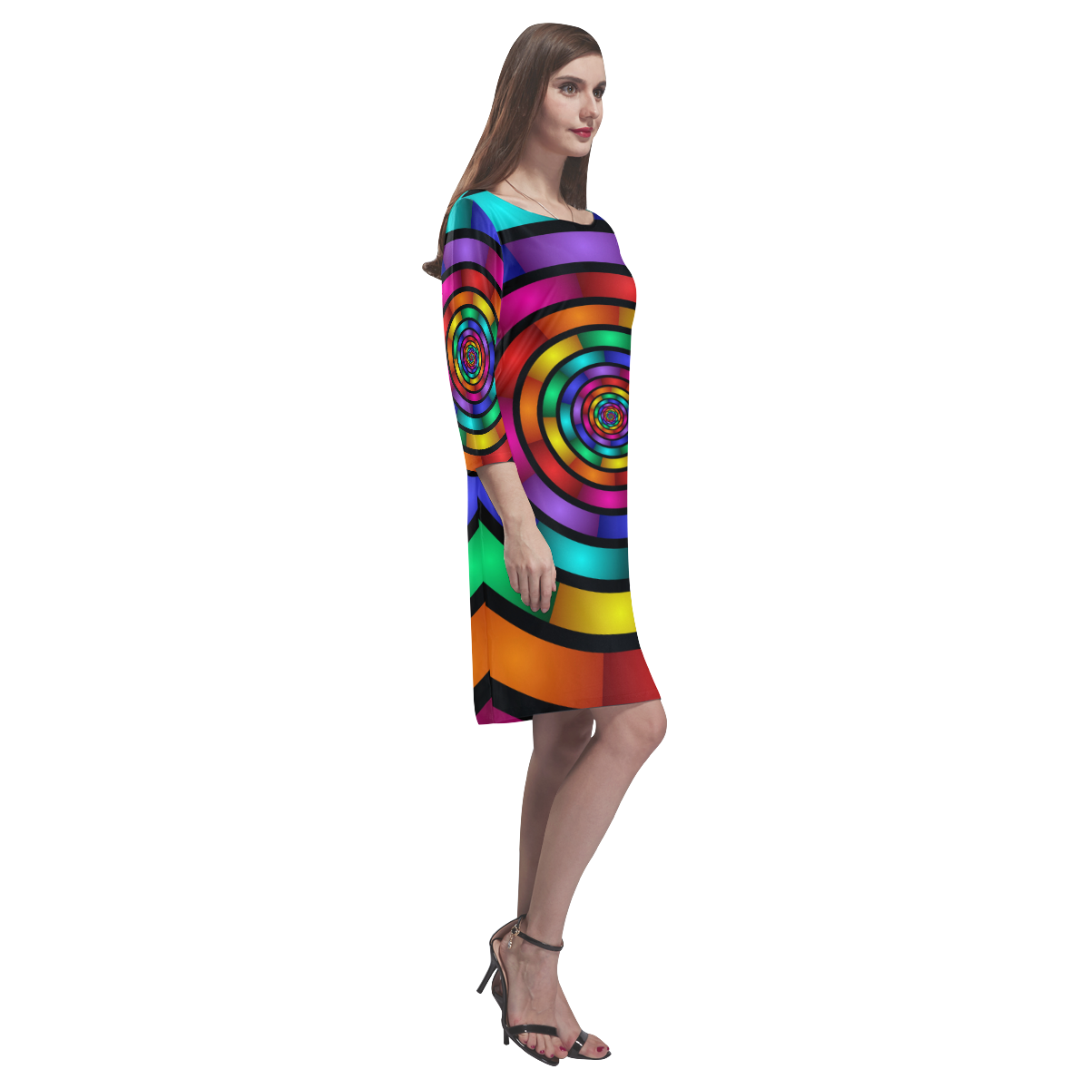 Round Psychedelic Colorful Modern Fractal Graphic Rhea Loose Round Neck Dress(Model D22)