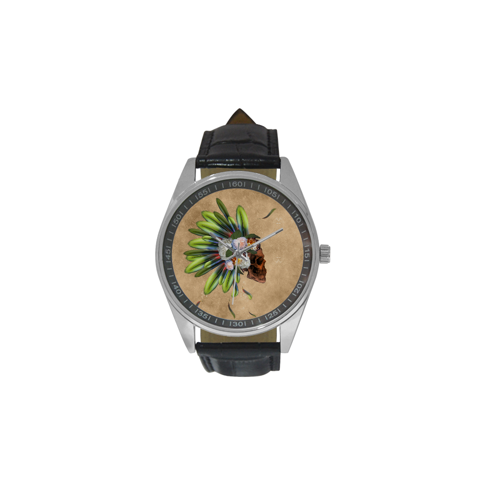 Amazing skull with feathers and flowers Men's Casual Leather Strap Watch(Model 211)