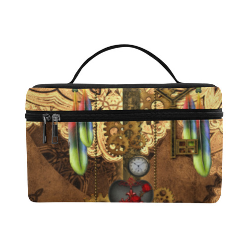Steampunk, key with clocks, gears and feathers Cosmetic Bag/Large (Model 1658)