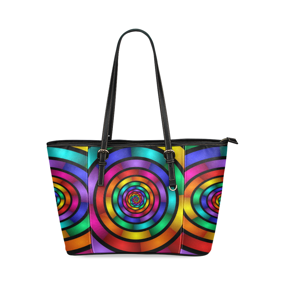Round Psychedelic Colorful Modern Fractal Graphic Leather Tote Bag/Small (Model 1640)
