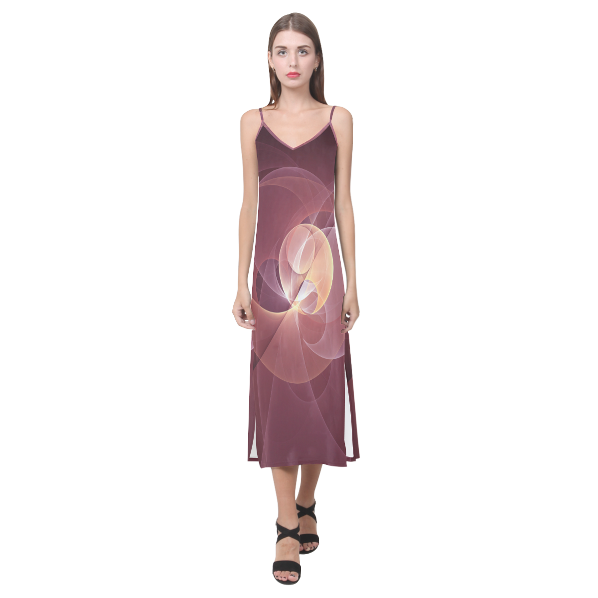 Movement Abstract Modern Wine Red Pink Fractal Art V-Neck Open Fork Long Dress(Model D18)