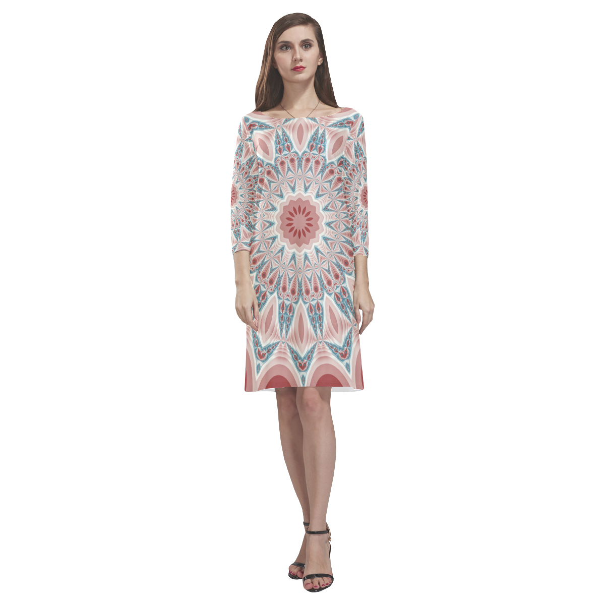 Modern Kaleidoscope Mandala Fractal Art Graphic Rhea Loose Round Neck Dress(Model D22)