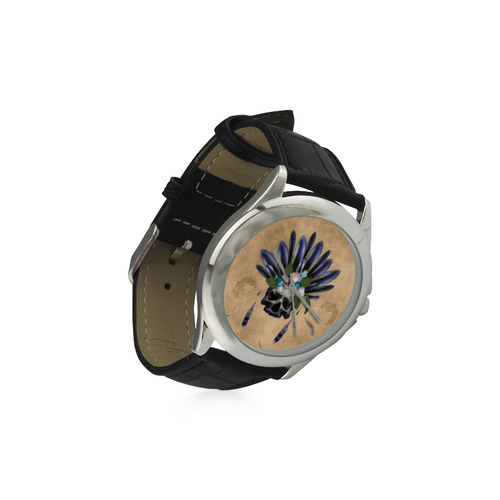 Cool skull with feathers and flowers Women's Classic Leather Strap Watch(Model 203)