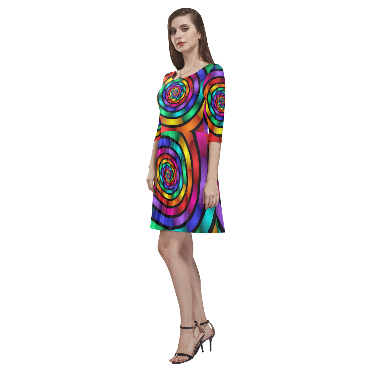 Round Psychedelic Colorful Modern Fractal Graphic Tethys Half-Sleeve Skater Dress(Model D20)