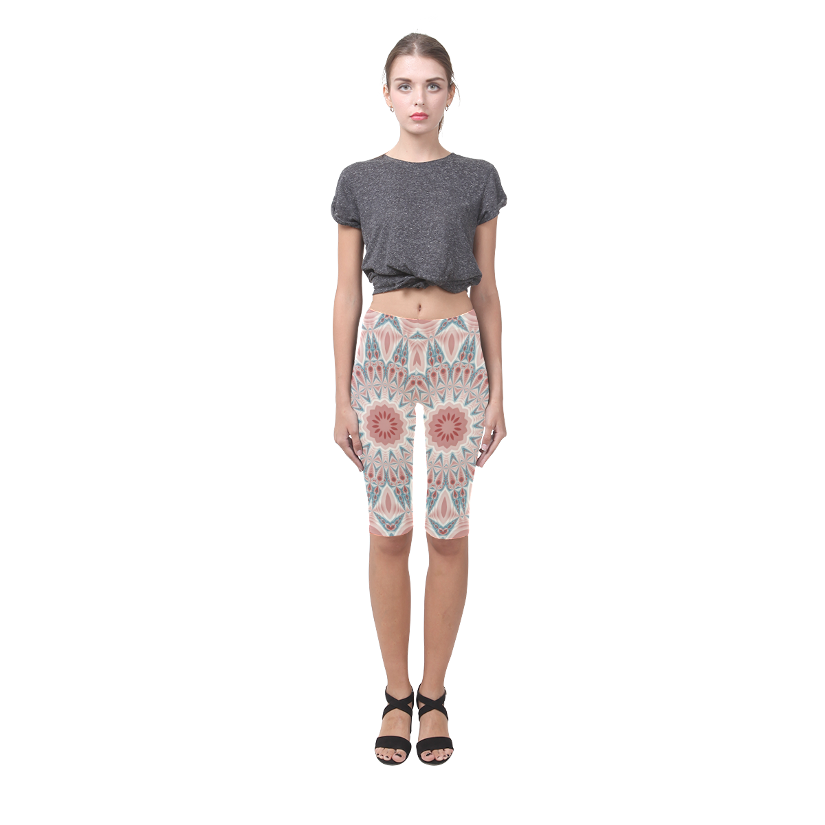 Modern Kaleidoscope Mandala Fractal Art Graphic Hestia Cropped Leggings (Model L03)