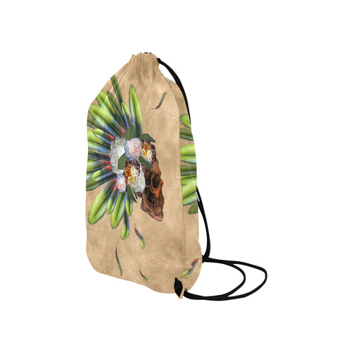 Amazing skull with feathers and flowers Small Drawstring Bag Model 1604 (Twin Sides) 11"(W) * 17.7"(H)