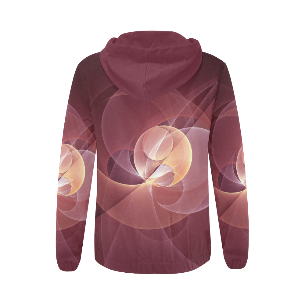 Movement Abstract Modern Wine Red Pink Fractal Art All Over Print Full Zip Hoodie for Women (Model H14)