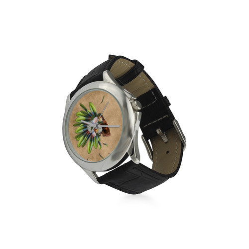 Amazing skull with feathers and flowers Women's Classic Leather Strap Watch(Model 203)