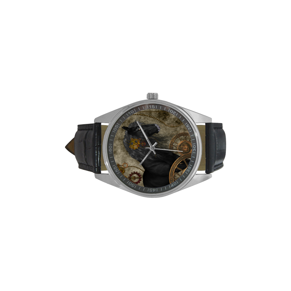 Beautiful wild horse with steampunk elements Men's Casual Leather Strap Watch(Model 211)