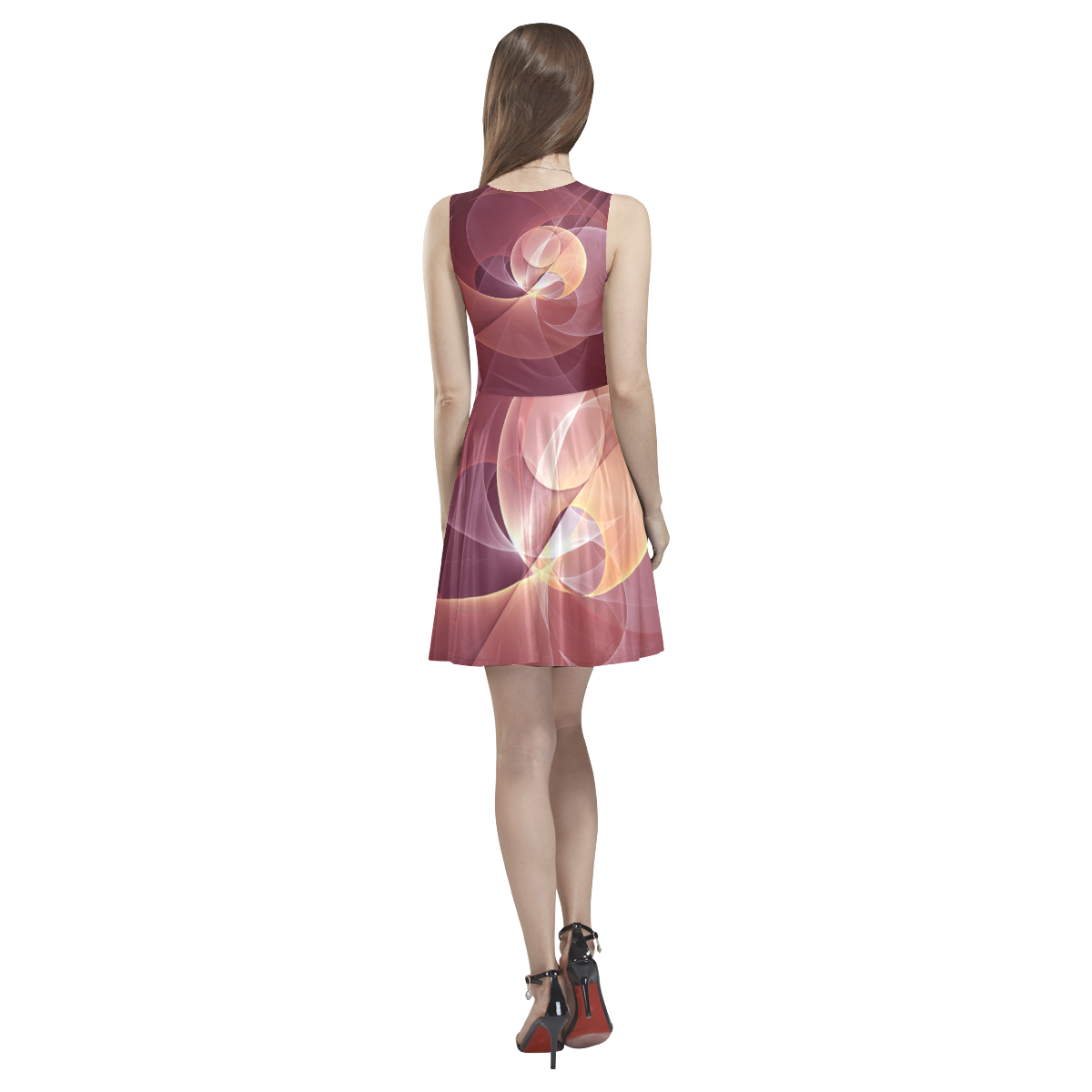 Movement Abstract Modern Wine Red Pink Fractal Art Thea Sleeveless Skater Dress(Model D19)