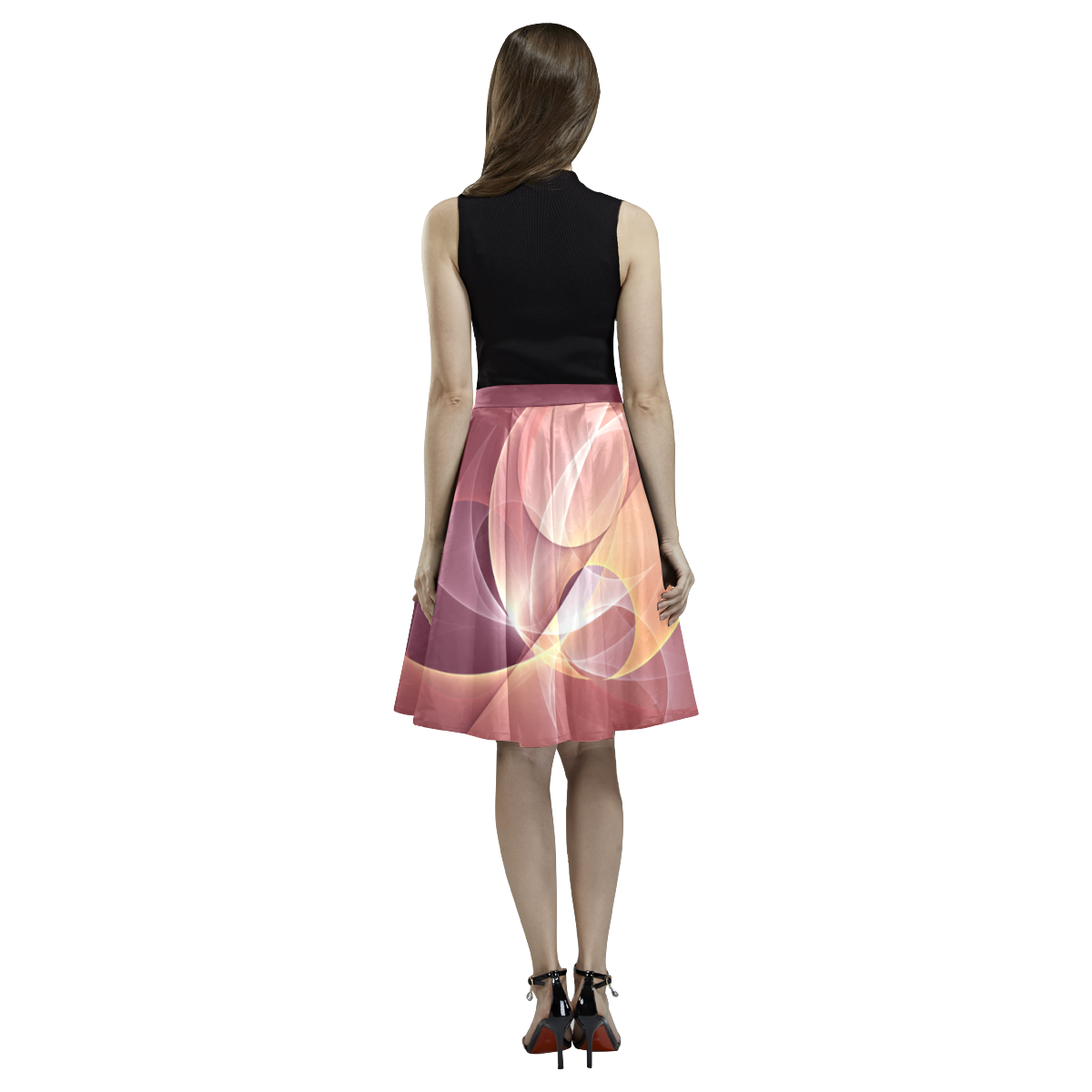 Movement Abstract Modern Wine Red Pink Fractal Art Melete Pleated Midi Skirt (Model D15)